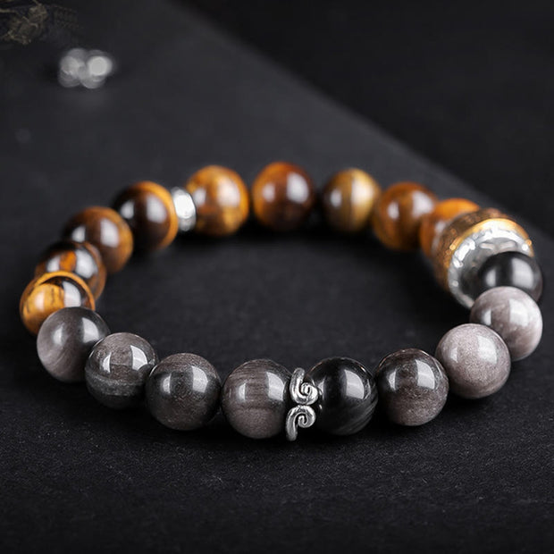 Buddha Stones Natural Silver Sheen Obsidian Tiger's Eye Six True Words 'om Mani Padme Hum'  Strength Bracelet Bracelet BS 10