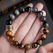 Buddha Stones Natural Silver Sheen Obsidian Tiger's Eye Six True Words 'om Mani Padme Hum'  Strength Bracelet