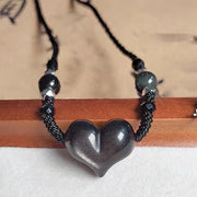 Buddha Stones Natural Silver Sheen Obsidian Heart Protection Necklace Pendant