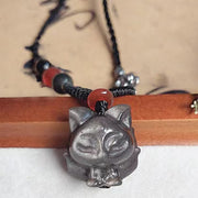 Buddha Stones Natural Silver Sheen Obsidian Nine Tailed Fox Protection Necklace Pendant