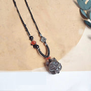 Buddha Stones Natural Silver Sheen Obsidian Nine Tailed Fox Protection Necklace Pendant