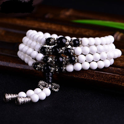 Buddha Stones 108 Mala Beads White Porcelain Six True Words 'Om Mani Padme Hum' Patience Bracelet Mala Bracelet BS White Porcelain Black Glaze 8mm 15-19cm