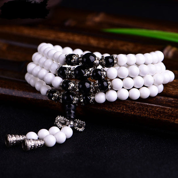 Buddha Stones 108 Mala Beads White Porcelain Six True Words 'Om Mani Padme Hum'  Patience Bracelet