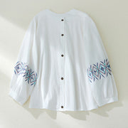 Buddha Stones Geometry Embroidery Long Sleeve Button Cotton Linen Women's Shirts