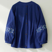 Buddha Stones Geometry Embroidery Long Sleeve Button Cotton Linen Women's Shirts Women's Shirts BS 17