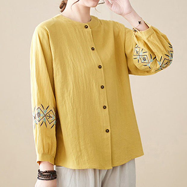 Buddha Stones Geometry Embroidery Long Sleeve Button Cotton Linen Women's Shirts Women's Shirts BS 4