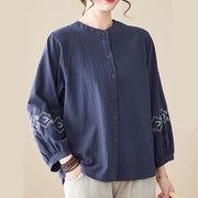 Buddha Stones Embroidery Long Sleeve Cotton Linen Women's Shirts