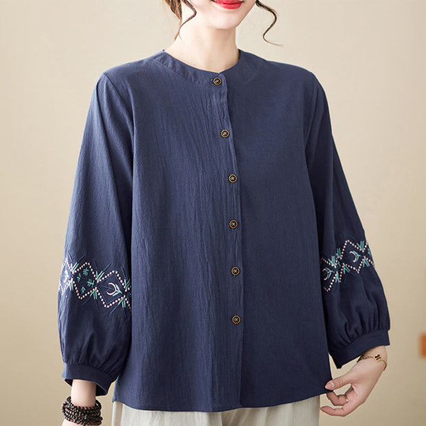 Buddha Stones Geometry Embroidery Long Sleeve Button Cotton Linen Women's Shirts Women's Shirts BS Darkblue US12，UK/AU16，EU44 (3XL)