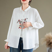 Buddha Stones Embroidery Bottons Long Sleeve Cotton Linen Women's Shirts