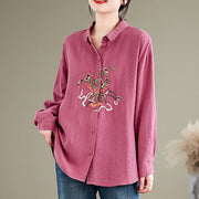 Buddha Stones Flower Embroidery Long Sleeve Cotton Linen Women's Shirts Women's Shirts BS 8