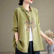 Buddha Stones Flower Embroidery Long Sleeve Cotton Linen Women's Shirts Women's Shirts BS 21