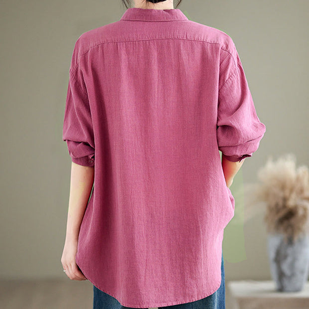 Buddha Stones Embroidery Bottons Long Sleeve Cotton Linen Women's Shirts