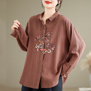 Buddha Stones Flower Embroidery Long Sleeve Cotton Linen Women's Shirts Women's Shirts BS 1