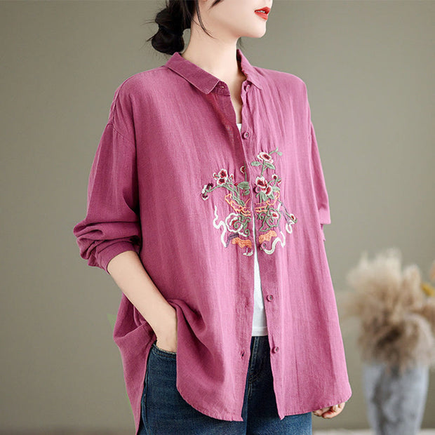 Buddha Stones Flower Embroidery Long Sleeve Cotton Linen Women's Shirts Women's Shirts BS 10