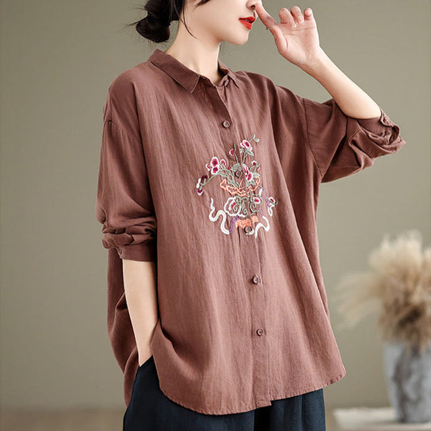 Buddha Stones Flower Embroidery Long Sleeve Cotton Linen Women's Shirts Women's Shirts BS 2