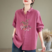 Buddha Stones Flower Embroidery Long Sleeve Cotton Linen Women's Shirts Women's Shirts BS 9