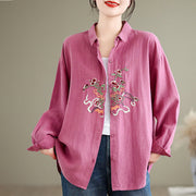 Buddha Stones Flower Embroidery Long Sleeve Cotton Linen Women's Shirts Women's Shirts BS 11