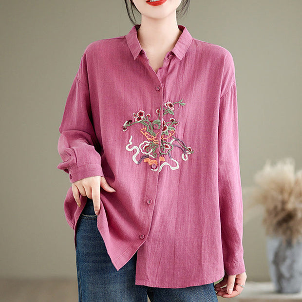 Buddha Stones Flower Embroidery Long Sleeve Cotton Linen Women's Shirts Women's Shirts BS Pink US8-10，UK/AU12-14，EU40-42 (2XL)