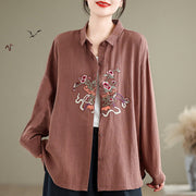 Buddha Stones Flower Embroidery Long Sleeve Cotton Linen Women's Shirts Women's Shirts BS Chocolate US8-10，UK/AU12-14，EU40-42 (2XL)