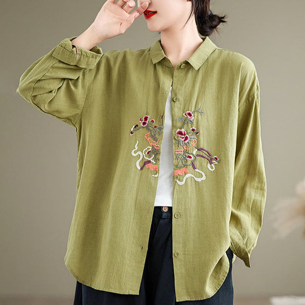 Buddha Stones Flower Embroidery Long Sleeve Cotton Linen Women's Shirts Women's Shirts BS 19