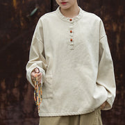 Buddha Stones Retro Solid Color Thermal Long Sleeve Ramie Linen Women's Shirt Women's Shirts BS 1