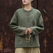 Buddha Stones Retro Solid Color Thermal Long Sleeve Ramie Linen Women's Shirt