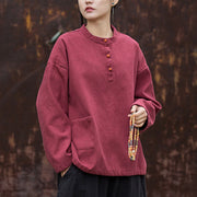 Buddha Stones Retro Solid Color Thermal Long Sleeve Ramie Linen Women's Shirt Women's Shirts BS 18