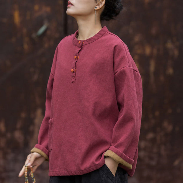 Buddha Stones Retro Solid Color Thermal Long Sleeve Ramie Linen Women's Shirt Women's Shirts BS 20