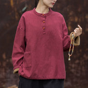 Buddha Stones Retro Solid Color Thermal Long Sleeve Ramie Linen Women's Shirt Women's Shirts BS 21