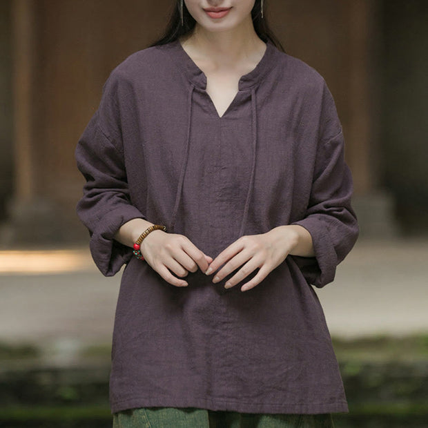 Buddha Stones Retro Solid Color Long Sleeve Ramie Linen Women's Shirt