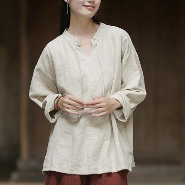 Buddha Stones Retro Solid Color Long Sleeve Ramie Linen Women's Shirt