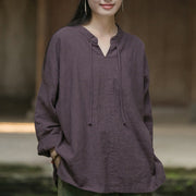 Buddha Stones Retro Solid Color Long Sleeve Ramie Linen Women's Shirt