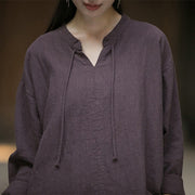 Buddha Stones Retro Solid Color Long Sleeve Ramie Linen Women's Shirt