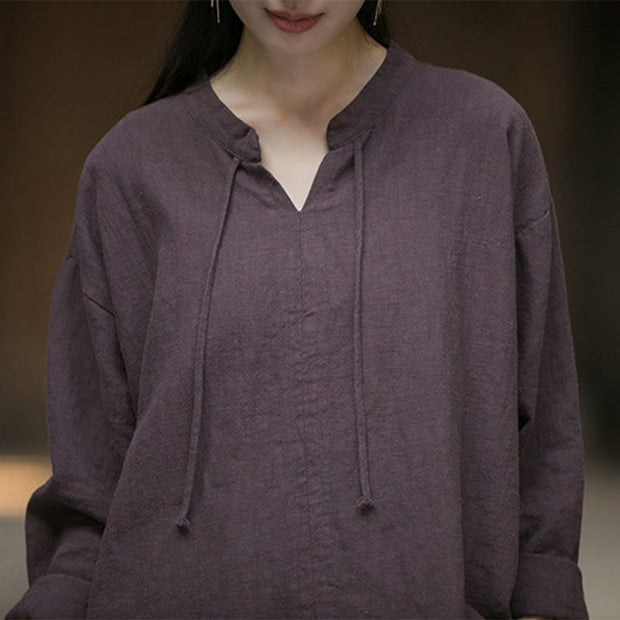 Buddha Stones Retro Solid Color Long Sleeve Ramie Linen Women's Shirt