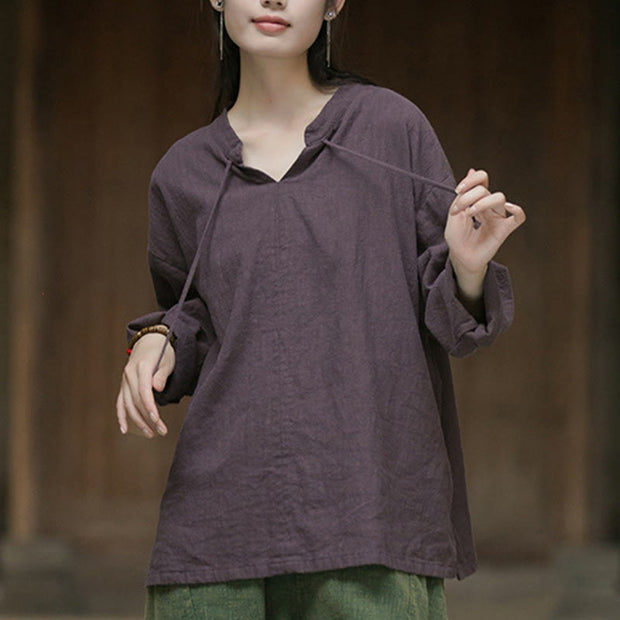 Buddha Stones Retro Solid Color Long Sleeve Ramie Linen Women's Shirt