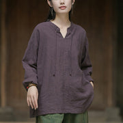 Buddha Stones Retro Solid Color Long Sleeve Ramie Linen Women's Shirt