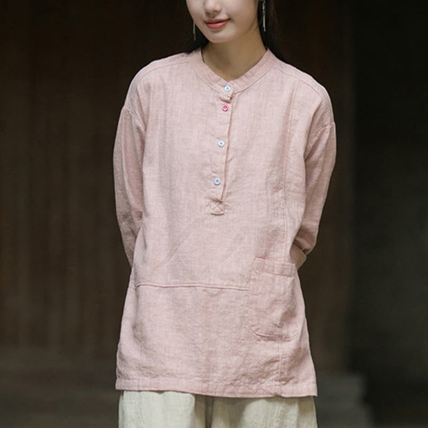 Buddha Stones Solid Color Long Sleeve Ramie Linen Half Button Women's Shirt