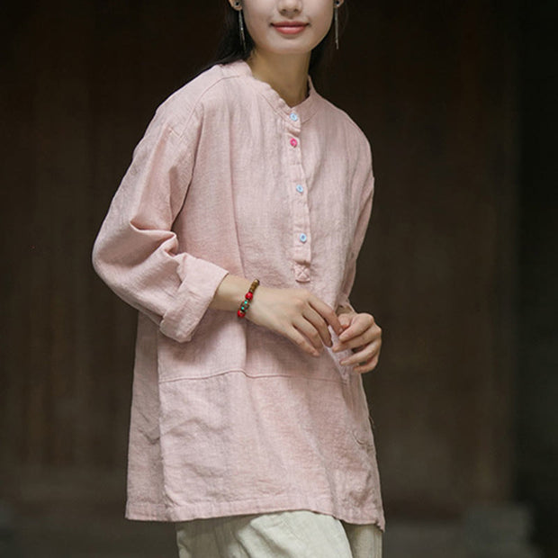 Buddha Stones Solid Color Long Sleeve Ramie Linen Half Button Women's Shirt