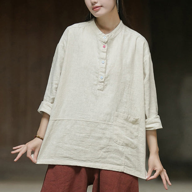 Buddha Stones Solid Color Long Sleeve Ramie Linen Half Button Women's Shirt Women's Shirts BS 12