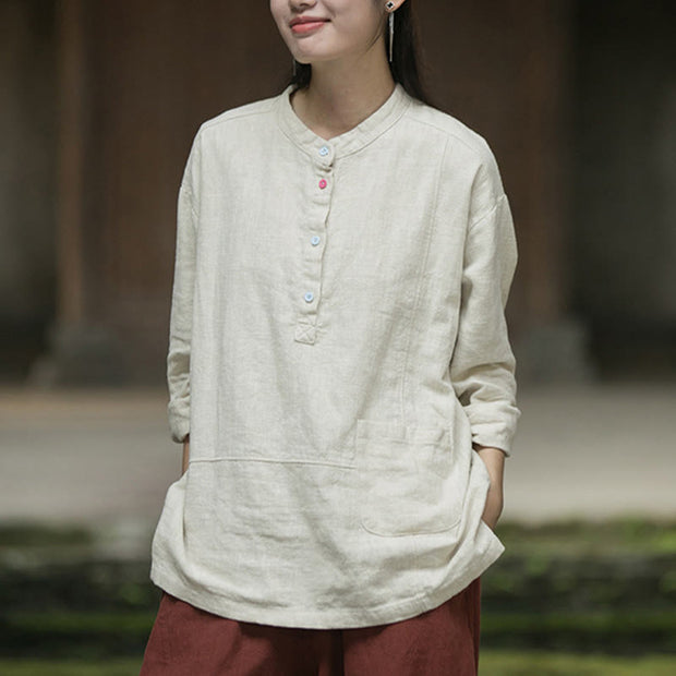 Buddha Stones Solid Color Long Sleeve Ramie Linen Women's Shirt