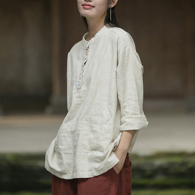 Buddha Stones Solid Color Long Sleeve Ramie Linen Women's Shirt