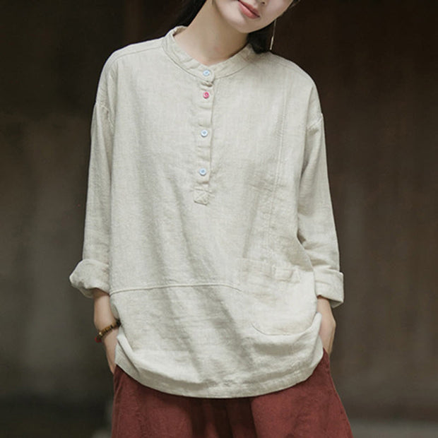 Buddha Stones Solid Color Long Sleeve Ramie Linen Half Button Women's Shirt