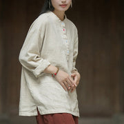 Buddha Stones Solid Color Long Sleeve Ramie Linen Half Button Women's Shirt