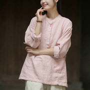 Buddha Stones Solid Color Long Sleeve Ramie Linen Half Button Women's Shirt Women's Shirts BS 7