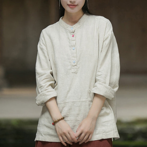 Buddha Stones Solid Color Long Sleeve Ramie Linen Half Button Women's Shirt Women's Shirts BS 15