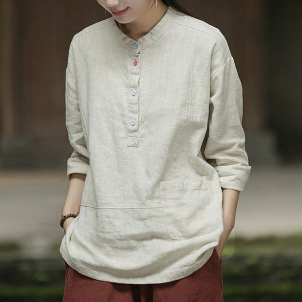 Buddha Stones Solid Color Long Sleeve Ramie Linen Women's Shirt