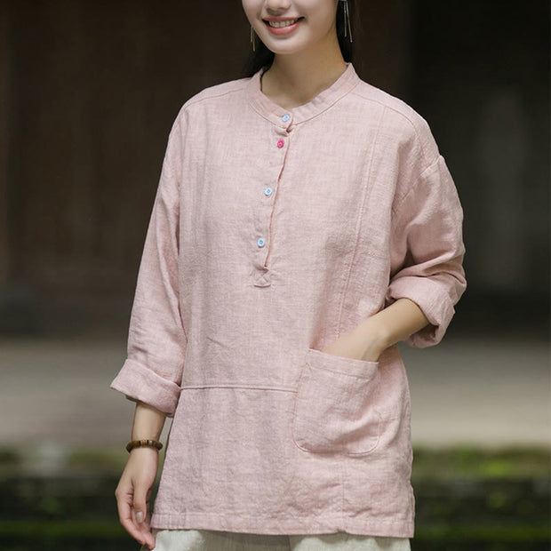 Buddha Stones Solid Color Long Sleeve Ramie Linen Women's Shirt