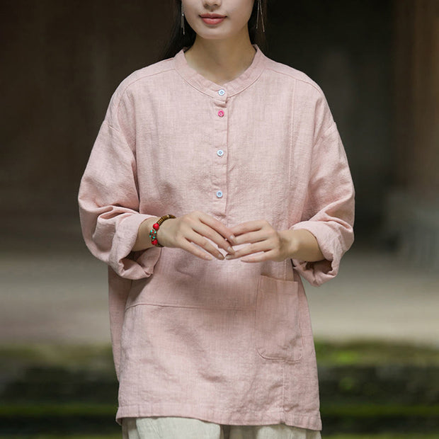 Buddha Stones Solid Color Long Sleeve Ramie Linen Half Button Women's Shirt Women's Shirts BS 1