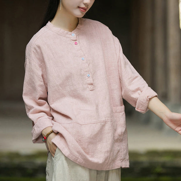 Buddha Stones Solid Color Long Sleeve Ramie Linen Half Button Women's Shirt Women's Shirts BS 6