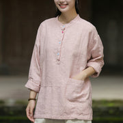 Buddha Stones Solid Color Long Sleeve Ramie Linen Half Button Women's Shirt